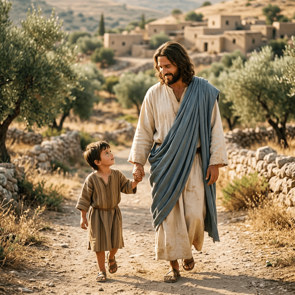 Man in biblical robe holding hands with young boy on dirt path